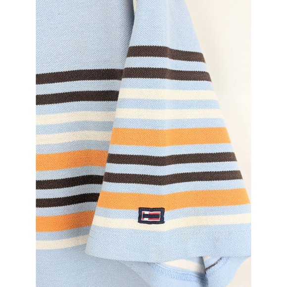 Vtg 1990s Bugle Boy Mens Blue Orange Brown White Striped Polo Henley Shirt Large - Picture 3 of 7